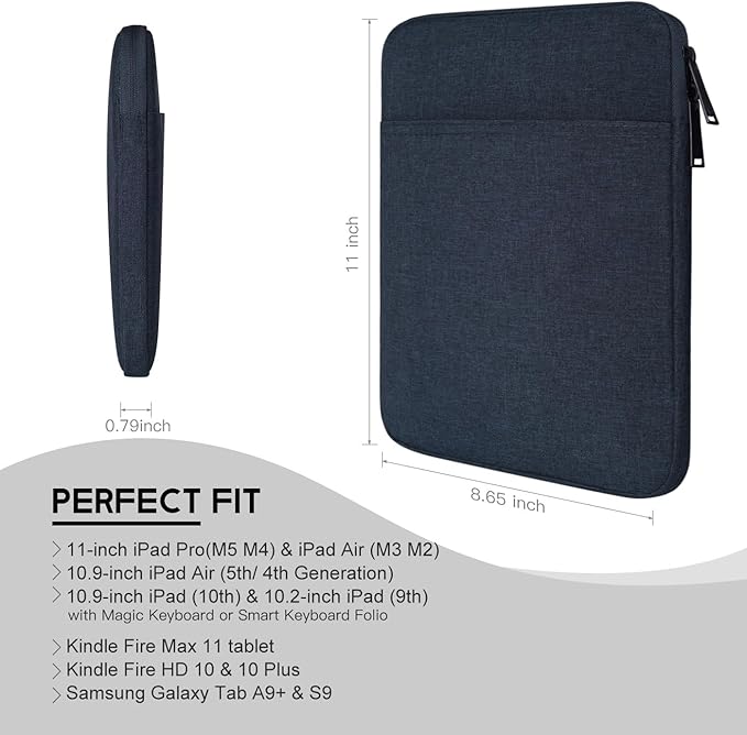 10 Inch Travel Tablet Sleeve Case for Samsung Galaxy Tab A9+ Plus 11", iPad Pro 11-in(M5 M4), iPad Air 11-in(M2,M3,M4), iPad A16, 10.9 10.5 10.2 inch iPad Pro Air, Fit Apple Magic Keyboard