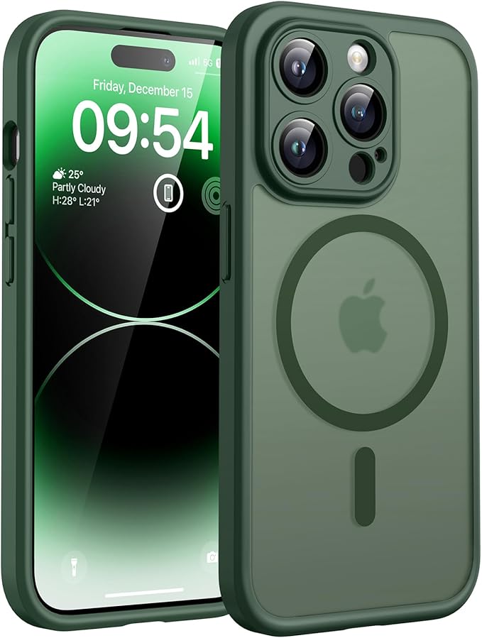 TOCOL Magnetic for iPhone 14 Pro Case, Upgraded Full Camera Protection, Compatible with Magsafe, Drop Protection, Translucent Matte Back Bumper Phone Cover 6.1-Inch, Alpine Green