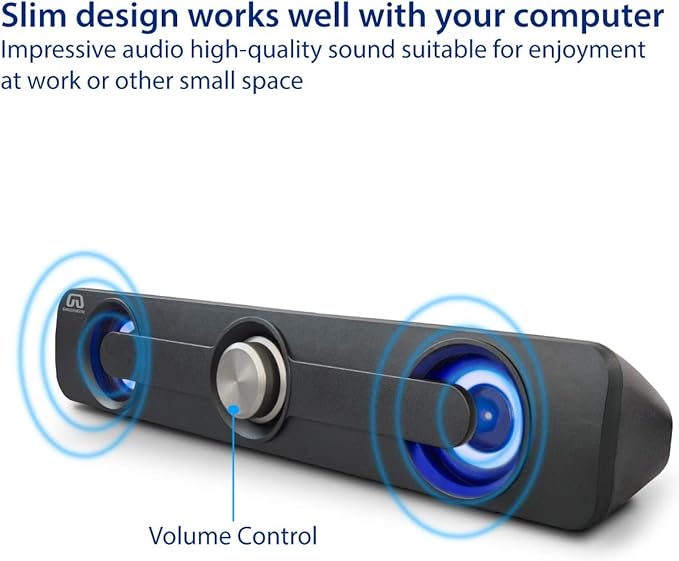 GamesterGear Desktop Compact USB Powered Wired Multimedia Mini Stereo Sound Bar 3.5mm Audio Jack Blue LED 2.5 Watts Speaker