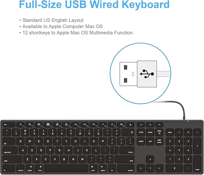 9H Aluminum USB Wired Keyboard with Numeric Keypad for Mac Pro, Mini Mac, iMac, iMac Pro, MacBook Pro/Air, Laptop and PC Computer