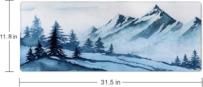 Watercolor Winter Mountains Landscape Desk Mat, Extended Big Mouse Mat for Home and Office, Large Gaming Mousepad Laptop Keyboard Mat with Non-Slip Rubber Base, Stitched Edges (31.50"x11.8"x0.12")