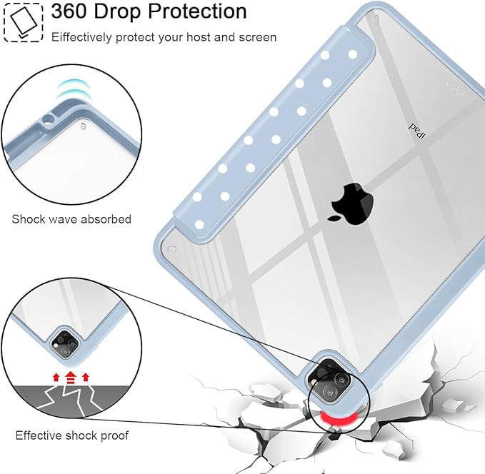 Tuiklol for iPad Pro 12.9 Inch 6th/5th/4th/3rd Generation 2022 2021 2020 2018 Case,Built-in Pencil Holder Clear Transparent Protective Back Shell Cover with Auto Sleep/Wake, Spot-Blue