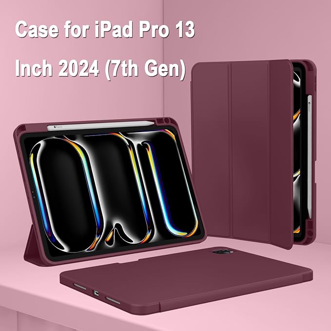 ZryXal New iPad Pro 13 Inch Case (M5) 2025 / (M4) 2024 with Pencil Holder, Smart iPad Case [Support Pencil Pro and Pencil (USB-C)], Support Touch ID and Auto Wake/Sleep (Wine)