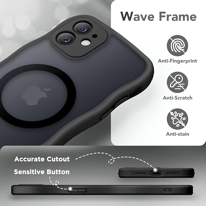 CAPRARO Cute for iPhone 11 Case, Compatible with MagSafe, [Curly Wave Edge] [Full Camera Protection] [14 FT Drop Protection] Magnetic Phone Case for 11 6.1 Inch, Black