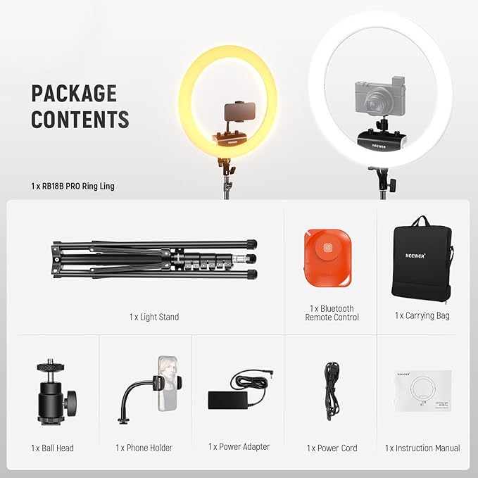 NEEWER 18 inch Ring Light with Tripod Stand and Phone Holder, Ultra Thin Video Ringlight 2900K-7000K TLCI98 App Control, Softer Lighting for Lash Tattoo Makeup Live Stream TikTok, RP18B Pro White