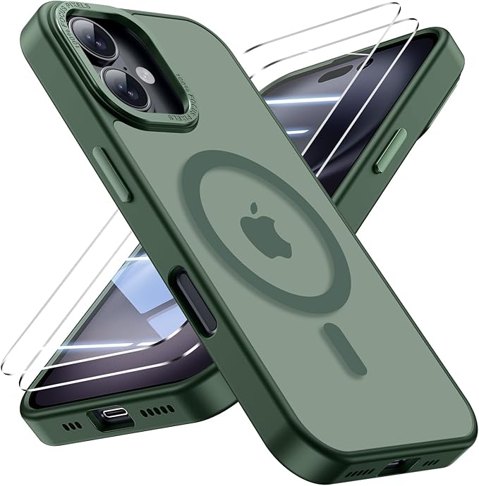 for iPhone 16 Case with 2X Screen Protectors [Compatible with MagSafe] Military Grade Drop Protection Skin Feeling Back Cover Shockproof Slim Fit iPhone 16 Phone Case 6.1 inch,Green