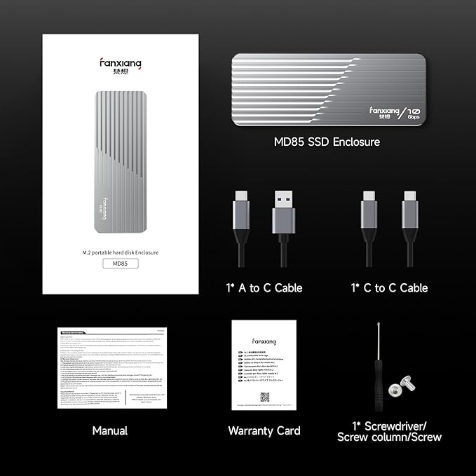 fanxiang SSD Enclosure with Cooling Fan, USB 3.2 Gen 2 (10 Gbps), M.2 NVME/SATA SSD Enclosure, USB Adapter/Reader, M.2 Enclosure, Supports M and B+M Keys and Size 2230/2242/2280 SSDs, MD85