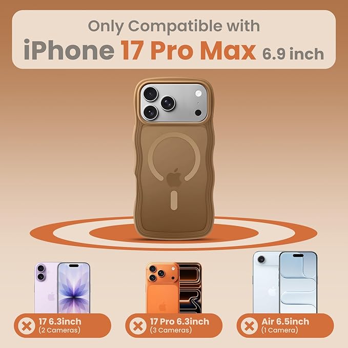 toushion for iPhone 17 Pro Max Case Cute Brown,Fits MagSafe,Matte Skin Feeling Back,Curly Wave Edge,Slim & Durable & Stylish,Cover Military-Grade Protection