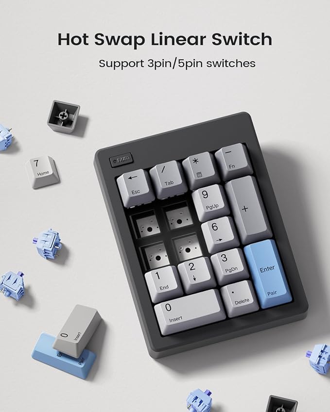 Kisnt FD17 Wireless Mechanical Number Pad, Bluetooth 5.0& 2.4G Dual Mode Numeric Keypad, 17 Keys Hot Swappable Numpad with PBT Keycaps for Laptop/PC/TKL Keyboards(Black, Linear Switch)