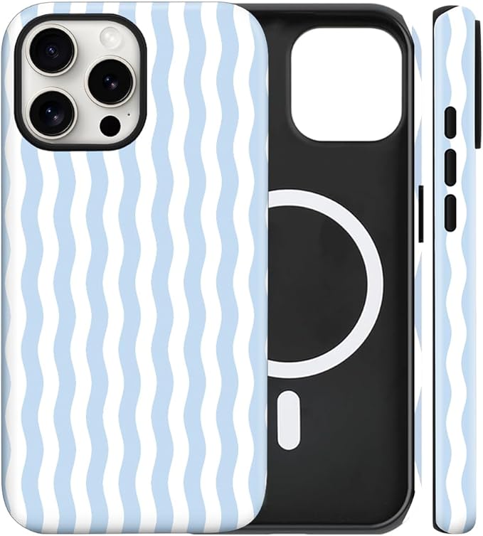 Magnetic for iPhone 16 Pro Case Cute Wavy Stripes Phone Case, Shockproof Slim TPU and Hard PC Protective Phone Cover Compatible with MagSafe Designed for Women Girls, Blue