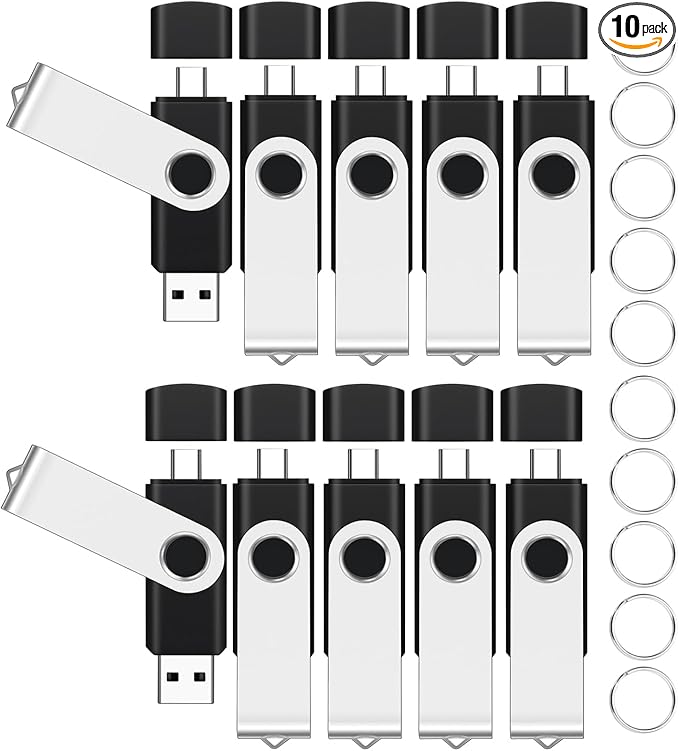32GB USB2.0 & Type-C Flash Drives 10-Pack EASTBULL 2-in-1 FAT32 USB C Drive Bulk USB-A + USB-C Thumb Drives Pack OTG Memory Sticks Compatible with Smartphones, Computers, Tablets, Mac (Black, 32GB)