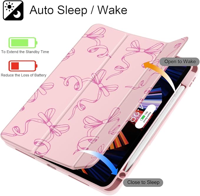 May Chen for iPad Pro 13 Inch Case M5 2025 / M4 2024, Built Pencil Holder & Clear Transparent Print Back Shell Slim Stand Shockproof Tablet Cover, Auto Wake/Sleep, Pink Bows P565