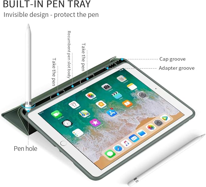 Aoub Case for iPad 9.7 inch 6th/5th Generation Case 2018/2017 with Pencil Holder, Thin Lightweight Smart Stand Cover, Auto Wake/Sleep, Model A1822/A1823/A1893/A1954, Dark Green
