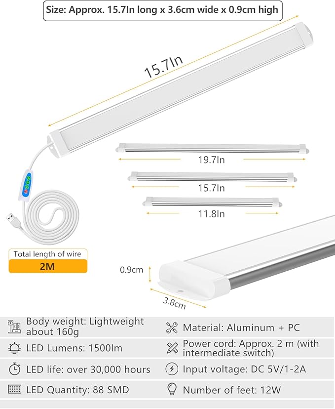 15.7in Strip Lights Closet Lights, 12W 88 LED Super Bright, Dimming and Color Adjustment, USB Powered LED Light Bar for Room Under Counter Lighting Work Tables Student Dormitory Monitor Light