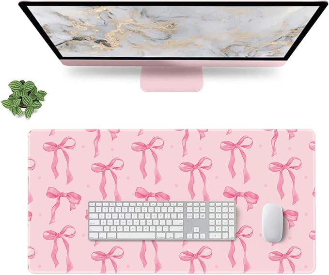 Pink Mouse Pad, Pink Desk Mat Bows Laptop Pad Computer Mat, Gaming Keyboard and Mouse Pad Non-Slip Rubber Base, Stitched Edge, Cute Desk Accessories Girly Decor Office Supplies for Women 23.6" x 11.8"