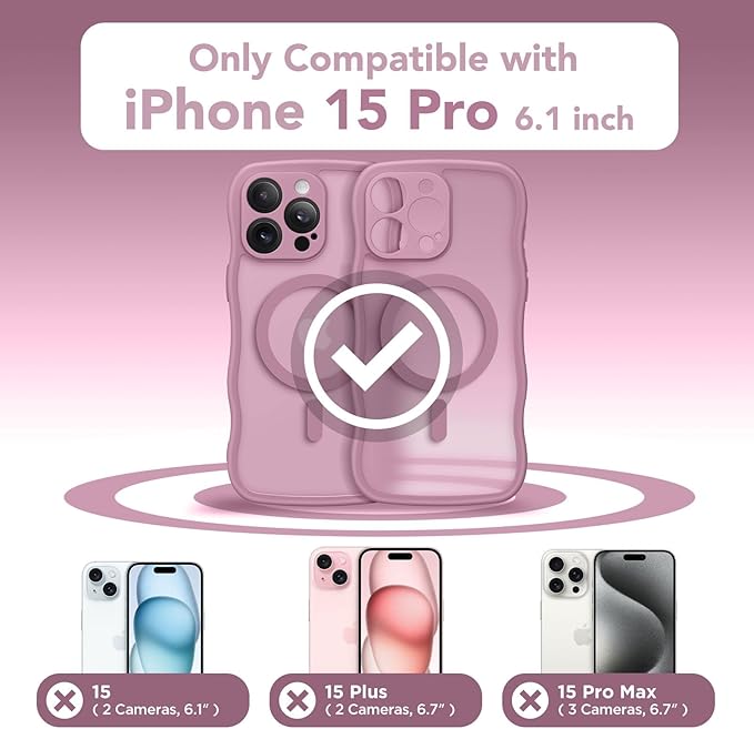 CAPRARO Cute for iPhone 15 Pro Case, Compatible with MagSafe, [Curly Wave Edge] [Full Camera Protection] [14 FT Drop Protection] Magnetic Phone Case for 15 Pro 6.1 Inch, Black Currant
