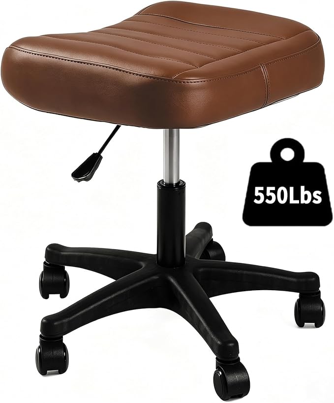 Height Adjustable Foot Stool,550lbs Heavy Duty Large Seat Under Desk Footrest,Swivel Rolling Chair Sturdy Wheels,2 in 1 Ottoman Stool Meeting Chair for Home Office,Browm
