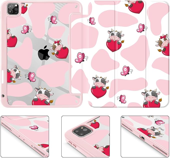 Mektron Case for iPad Pro 11 inch (4th, 3rd, 2nd & 1st Gen) 2022 2021 2020 2018, Buit in Pencil Holder with Shockproof Cover Clear Shell + Auto Wake/Sleep, Butterfly Cow