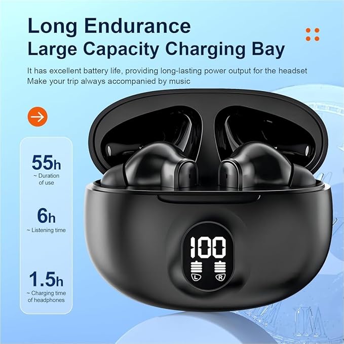 Wireless Earbuds, Bluetooth 5.4 Headphones Ear Buds With Bass Stereo Sound Noise Reduction Earphones, 120H Playtime,IPX7 Waterproof USB-C , Touch Control LED Display Headset For Work Sport (Black)