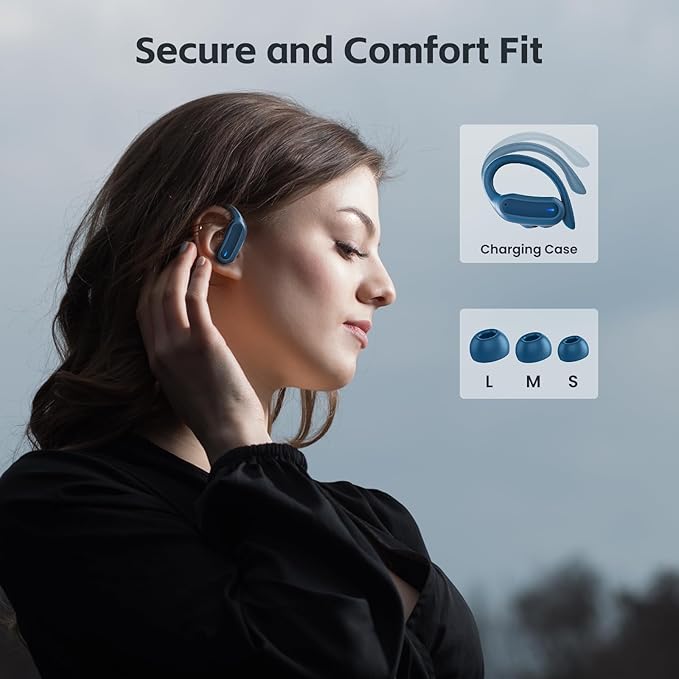 TRAUSI Bluetooth Headphones, True Wireless Earbuds with IPX7 Water Resistant, Noise Cancelling Mic, Type-C Fast Charging Earphones with Ergonomic Ear Hooks for Sports, Running (Deep Blue)