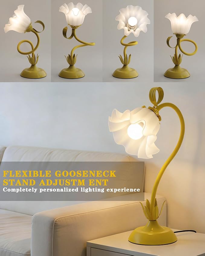 WERFOP Flower Table Lamp, LED Reading Light Vintage Bedside Table Lamp with 3 Color Modes for Nightstand, Kawaii Decoration for Home Bedroom Living Room (Yellow)