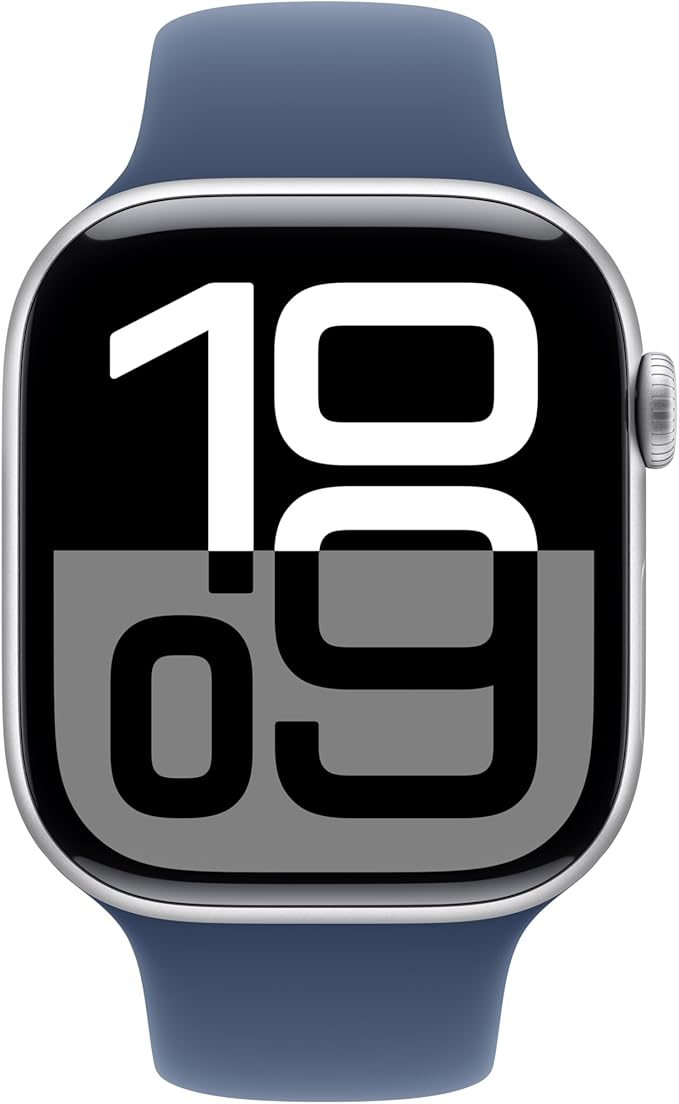 Apple Watch Series 10 [GPS 46mm case] Smartwatch with Silver Aluminum Case with Denim Sport Band - M/L. Fitness Tracker, ECG App, Always-On Retina Display, Water Resistant