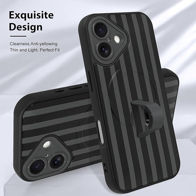 KANGHAR Compatible with iPhone 16 Case, Support for MagSafe, Silicone Stripes Cute Pattern, Wristband Kickstand Camera Protection Soft Slim Cover for Girls Women -Black