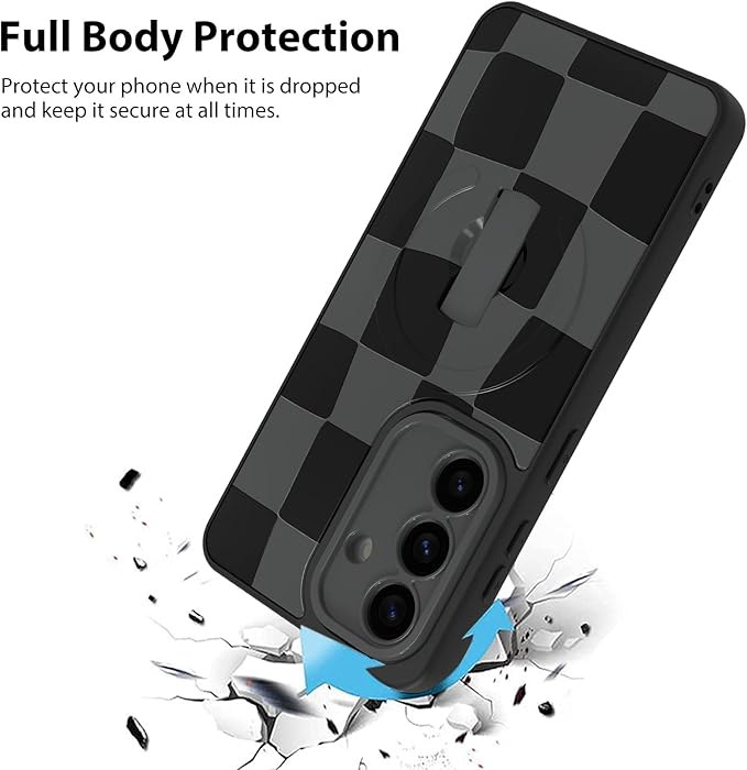 KANGHAR Compatible with Samsung Galaxy S26 Case, Support for MagSafe, Silicone Checkered Cute Pattern, Wristband Kickstand Camera Protection Soft Slim Cover for Girls Women -Black
