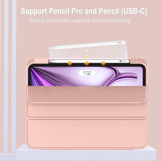 ZryXal New iPad Air 13 Inch Case M3 2025/M2 2024 with Pencil Holder, Trifold Stand Smart Case with Soft TPU Back,Auto Wake/Sleep(Rose Gold)