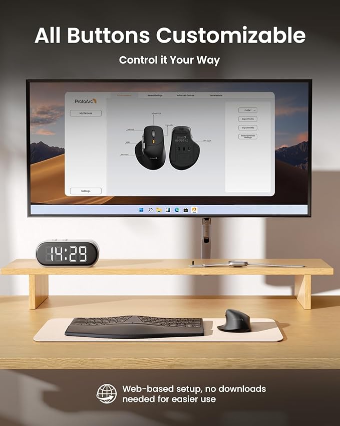 ProtoArc Ergonomic Wireless Mouse, EM25 Ultra-Fast Scrolling & Side Scroll, Customizable Bluetooth Rechargeable Mouse, 8000 DPI for Medium to Large Hands, Compatible with Windows/Mac/Android, Black