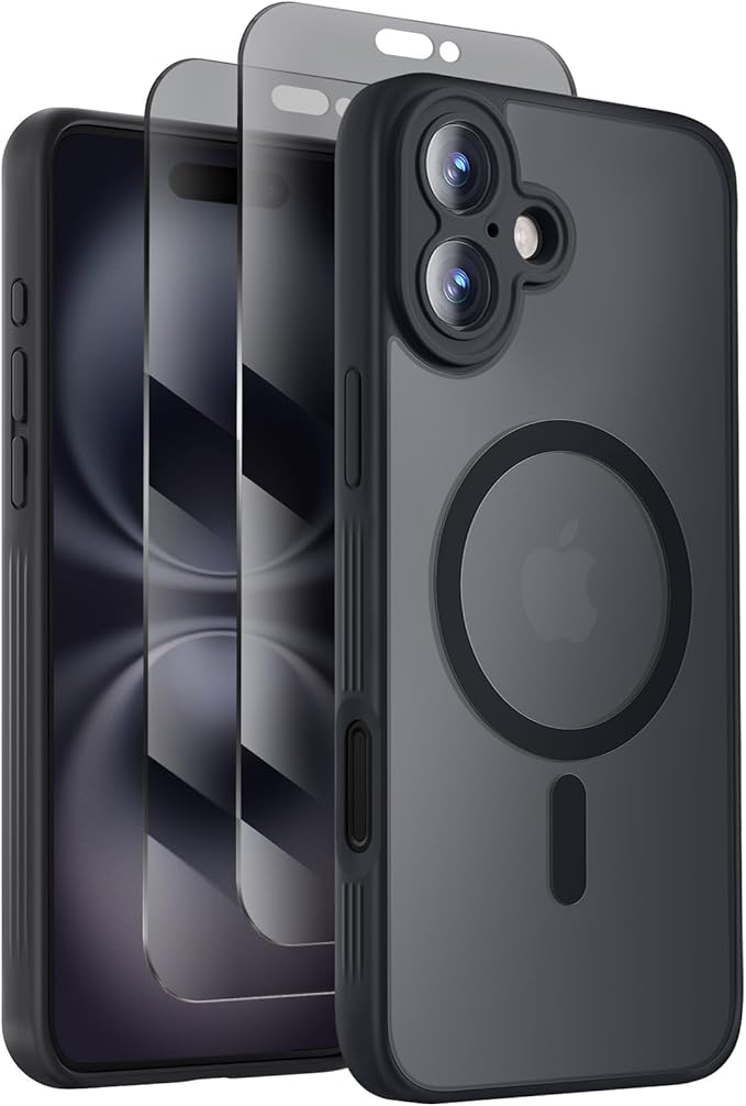Symcele Designed for iPhone 16 Case, Compatible with MagSafe, with Privacy Screen Protectors X2, [Camera Protection] [15FT Military Drop Protection] Shockproof Phone Case, 6.1", Black