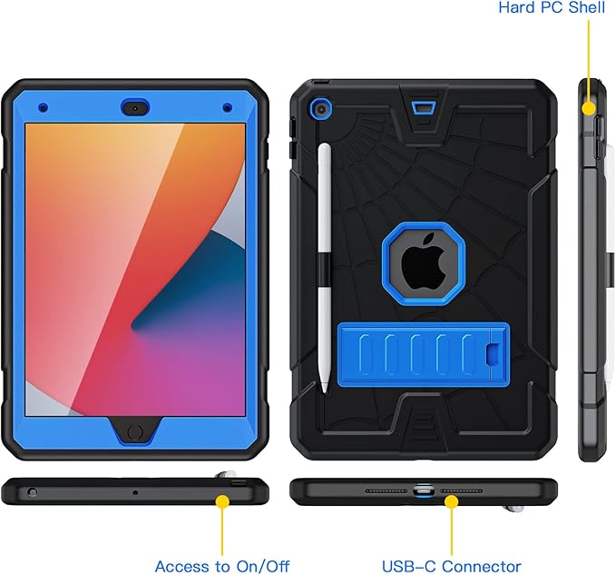 SIBEITU Case Compatible with iPad 9th Generation for Kids, with Pencil Holder Stand, Heavy Duty Rugged Case for iPad 10.2 inch