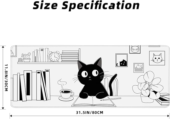 Gaming Mouse Pad for Computer,Large Mouse Pads for Desk Keyboard, Black Anime Cat Desk Mat Laptop,Cute XXL Waterproof Keyboard Pad,Extended Big Non-Slip Rubber Mousepad (Black Cat)