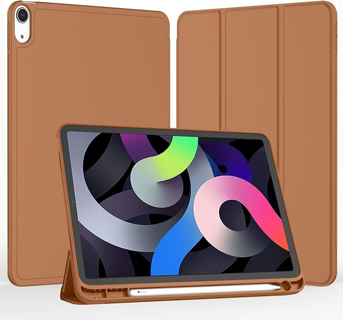 iMieet iPad Air 11 Inch Case M4/M3/M2(2026/2025/2024), iPad Air 5th/4th Generation Case 2022/2020 10.9 Inch with Pencil Holder,Trifold Stand Smart Case with Soft TPU Back(Brown)