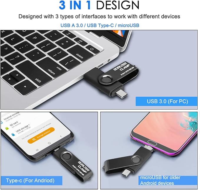 64GB 3 in 1 USB 3.0 Flash Drive Photo Stick for Android Phones, BorlterClamp OTG Memory Stick with 3 USB Ports (USB C, microUSB, USB A) for Samsung Galaxy, LG, Tablets, PC and More, Black