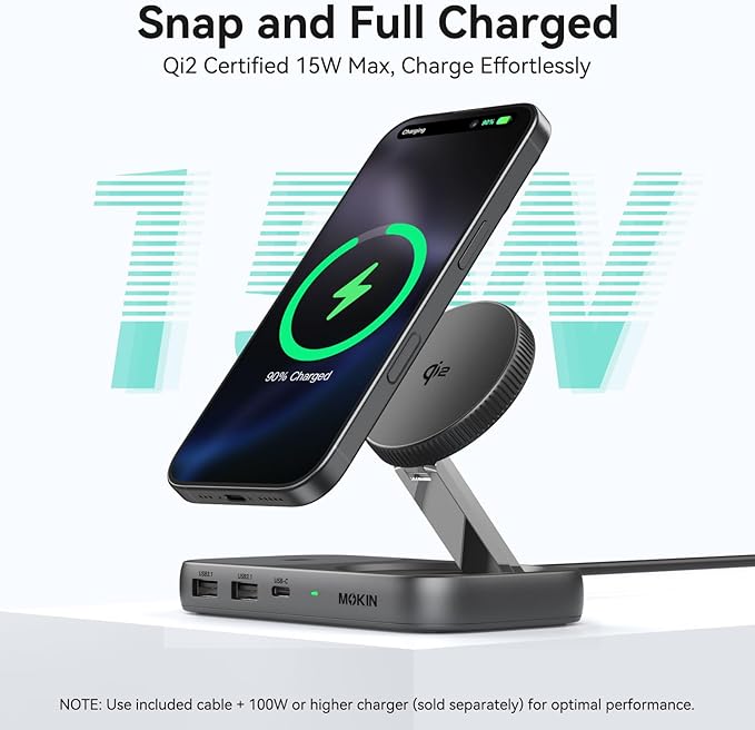 MOKiN USB C Hub 15W Wireless Charger, Qi2 Certified Magsafe Charging Stand with 4K@60Hz HDMI, 100W PD, 10Gbps USB C/A, and 5W Charging Pad, Laptop Docking Station for MacBook/Windows