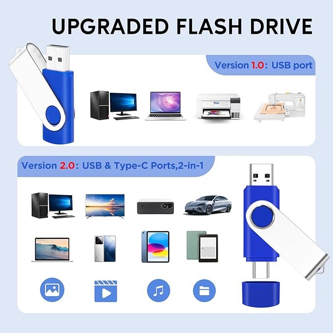 EASTBULL 8GB Type-C & USB2.0 Flash Drive 2-in-1 FAT32 USB C Thumb Drive OTG Memory Stick Compatible with Smartphones, Computers, Tablets, Mac (Blue)