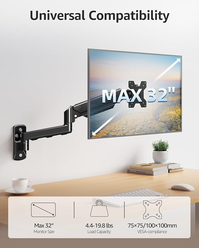 MOUNTUP Single Monitor Wall Mount for Max 32 Inch Computer Screen, Fully Adjustable Monitor Arm, Wall Mount Monitors Holder Support 4.4-19.8lbs Display, VESA Bracket Fit 75x75mm, 100x100mm