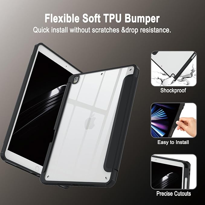 Case for iPad 9th / 8th / 7th Generation (2021/2020 / 2019), for iPad 10.2 Inch Protetive Case with Pencil Holder, Stand Tablet Clear Back Cover, Auto Sleep/Wake - Black