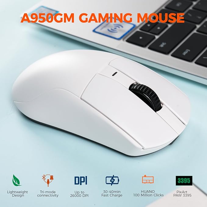 DAREU A950GM Wireless Gaming Mouse, 60g Lightweight, 26K DPI PAW3395 Optical Sensor, 2.4G/BT/Wired,Support 30-40min Fast Charge, 5 Programmable Buttons for PC/Laptop/Mac