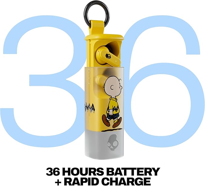 Skullcandy Dime Evo Wireless Earbuds, Bluetooth Headphones, Noise Isolating Fit, Up to 36 Hours Battery, Microphone for iPhone Android, Easy Carry with Clip-Anywhere Case - Peanuts Charlie Brown