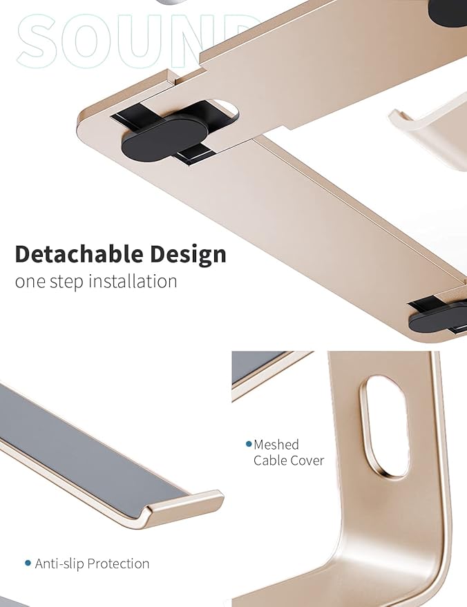 SOUNDANCE Laptop Stand, Aluminum Computer Riser, Ergonomic Laptops Elevator for Desk, Metal Holder Compatible with 10 to 15.6 Inches Notebook Computer, Champagne Gold