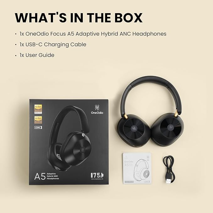 OneOdio Focus A5 Wireless Over-Ear Headphones, Hybrid Active Noise Cancelling, 75H Playtime, Hi-Res LDAC Wireless Audio, Bluetooth 5.4, Built-in Mic for Clear Calls, Low Latency Game Mode