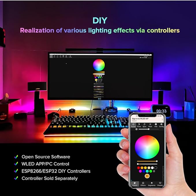 BTF-LIGHTING WS2812B IC RGB LED Strip,UL Listed,Pure Gold Wires,DC5V 3.28FT 60LED 5050SMD,Individually Addressable,Flexible for DIY Chasing Full Color Project,3M Tape,IP30(No Adapter or Controller)
