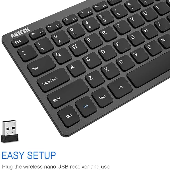 Arteck 2.4G Wireless Keyboard Ultra Slim and Compact Keyboard with Media Hotkeys for Computer Desktop PC Laptop Surface Smart TV and Windows 11/10/8/7, Black