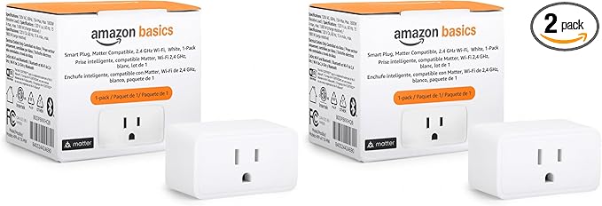 Amazon Basics Smart Plug, Matter Compatible, Compatible with Amazon Alexa, Google Home, Apple HomeKit, Voice Control, Control Appliances, Matter Hub Required, 2.4 GHz Wi-Fi Only, 2-Pack, White