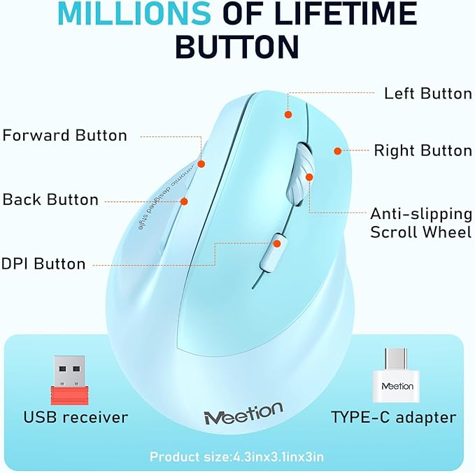 MEETION Ergonomic Mouse, Wireless Vertical Mouse RGB Backlit Rechargeable Mice for Bluetooth(5.2 + 3.0) & USB-A with Type-c Adapter 4 Adjustable DPI Mac/Windows/Andriod/PC/Tablet/iPad Blue