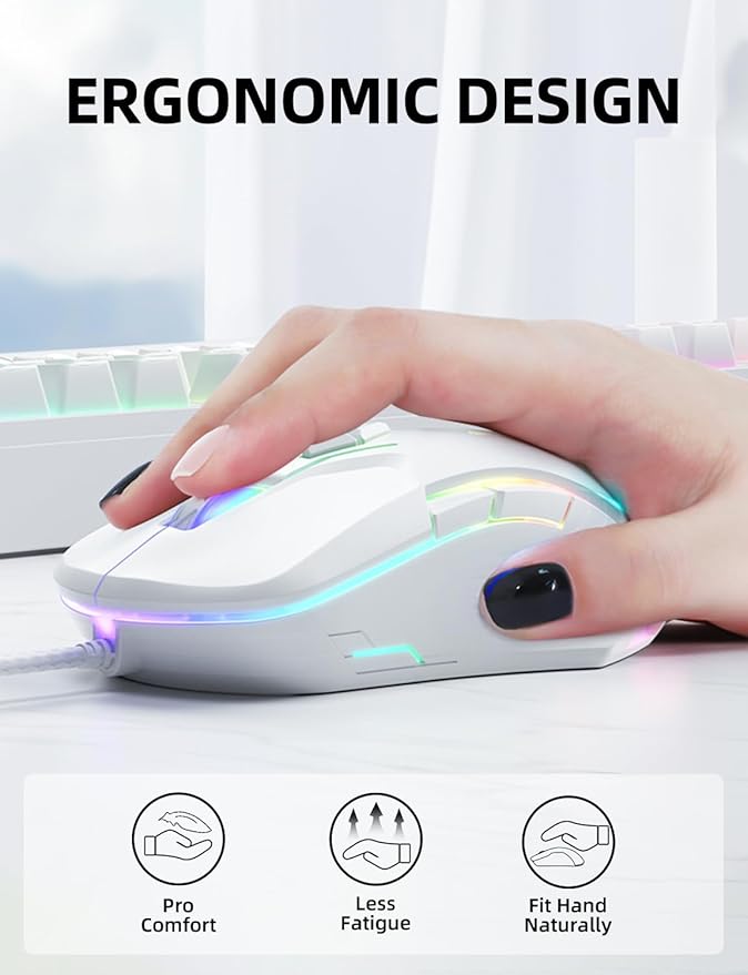 Wired PC Gaming Mouse: High Precision Sensor,RGB Backlit, Adjustable DPI, 7 Buttons Programmable,Ergonomic mice for Office & Gaming on Windows/Mac/Linux/Chrome-White
