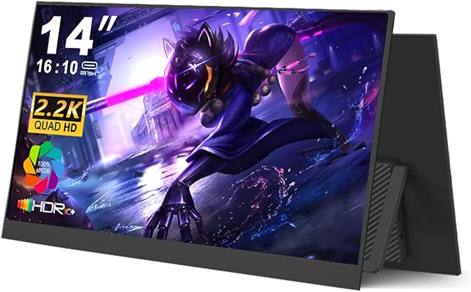 Portable Monitor 14 inch 2.2K QHD USB C HDMIUltra-Slim IPS Travel Display & Speakers, HDR Plug&Play,External Monitor for Laptop PC, Phone,Mac (14.1")