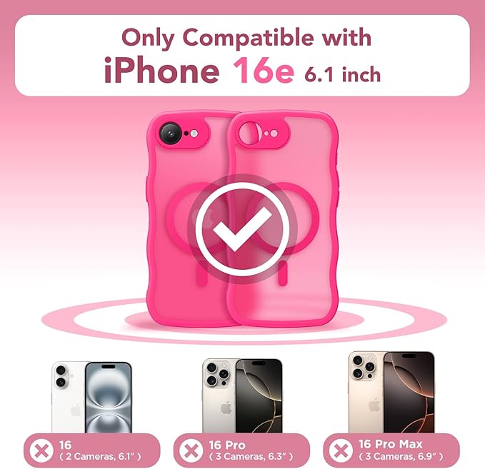 CAPRARO for iPhone 16e Case for Women Girls, Upgraded [Full Camera Protection] [Compatible with MagSafe] Cute Wave Translucent Matte Phone Case for iPhone SE 4 6.1-Inch, HotPink